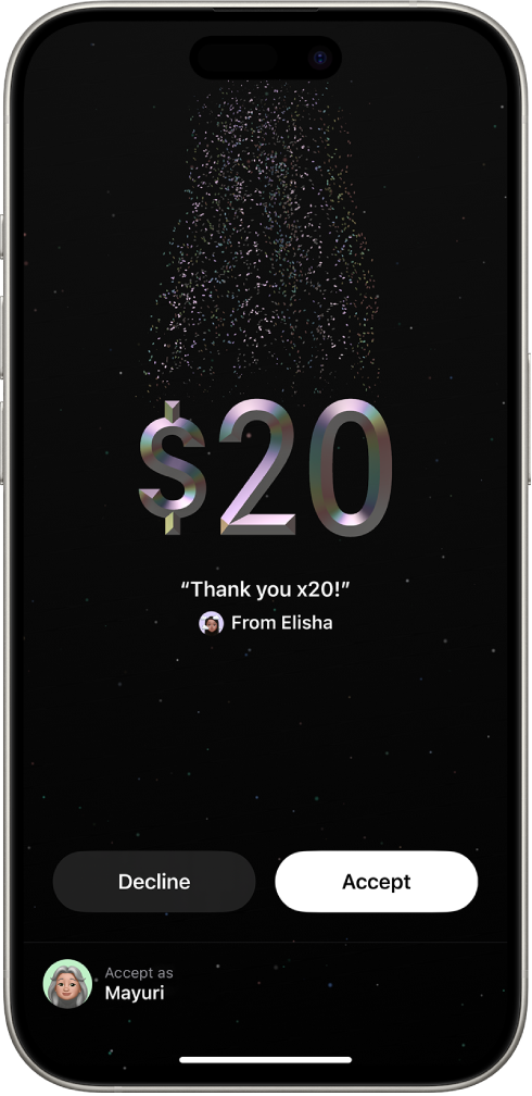ୱଲେଟ୍ରେ Tap to Cash ସ୍କ୍ରୀନ୍ ଦେଖୁଛି ଯେଉଁଥିରେ $20 ସ୍ଥାନାନ୍ତରିତ ହେଉଛି ଏବଂ ସ୍କ୍ରୀନ୍ ତଳେ ଥିବା ଗ୍ରହଣ ଏବଂ ଅସ୍ୱୀକାର ବଟନ୍ ଦେଖାଉଛି।
