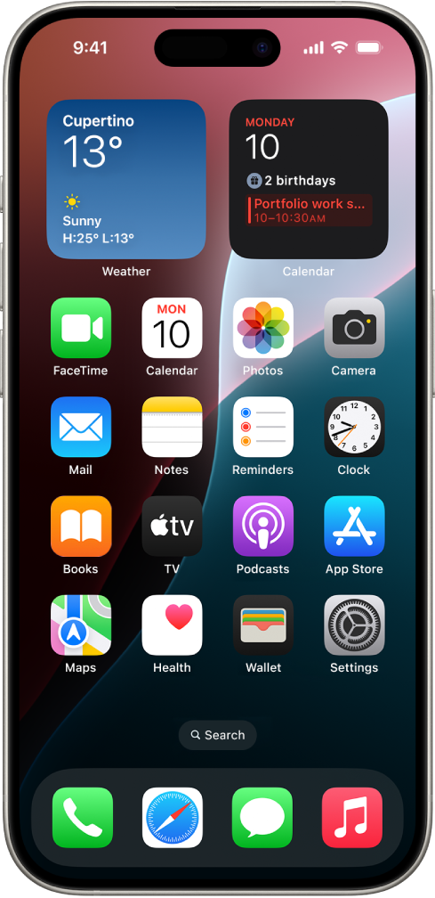 iPhone ହୋମ୍ ସ୍କ୍ରୀନ୍ ଯେଉଁଥିରେ ଡାର୍କ୍ ମୋଡ୍ ଅନ୍ ଅଛି।