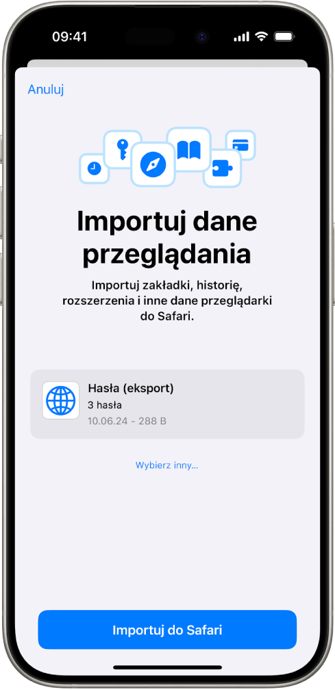 Ekran Importuj dane przeglądania. Widoczny jest gotowy do zaimportowania plik CSV zawierający hasła z innego menedżera haseł.