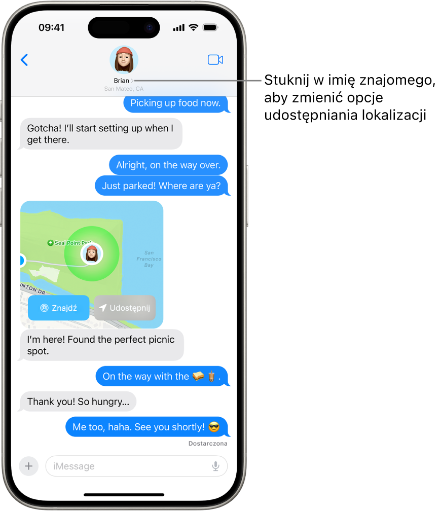 Rozmowa w Wiadomościach z udostępnionym położeniem używającym funkcji Znajdowanie dokładne.
