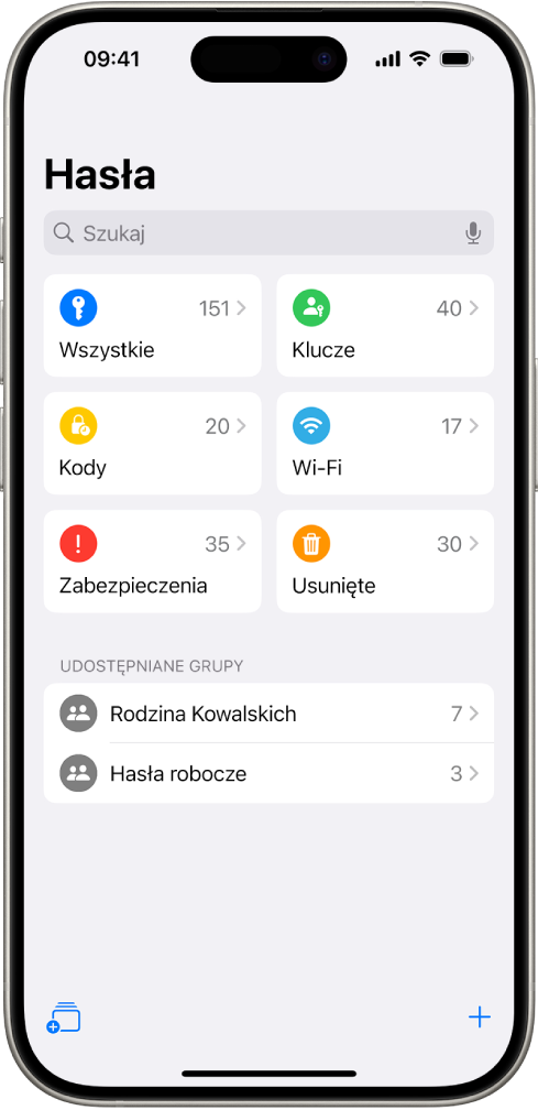 Ekran główny aplikacji Hasła, z przyciskami Wszystkie, Klucze, Kody weryfikacyjne, W-Fi, Zabezpieczenia i Usunięte, wraz z listą Udostępniane grupy.