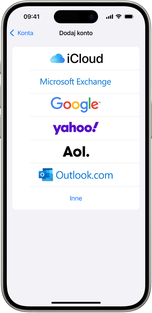 Ekran Dodaj konto. Widoczne są opcje dodania konta iCloud, Microsoft Exchange, Google, Yahoo, AOL lub innego.