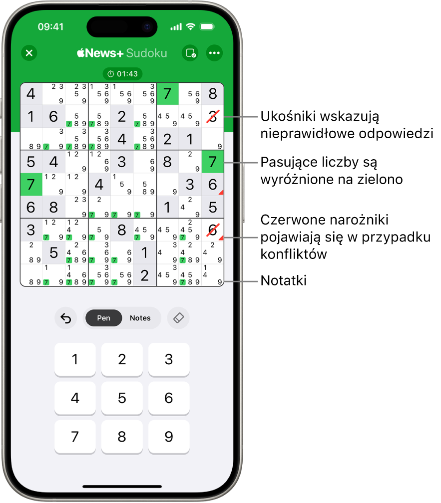 Sudoku z kilkoma włączonymi funkcjami: notatkami, wyróżnianiem pasujących cyfr, pokazywaniem konfliktów oraz automatycznym sprawdzaniem.