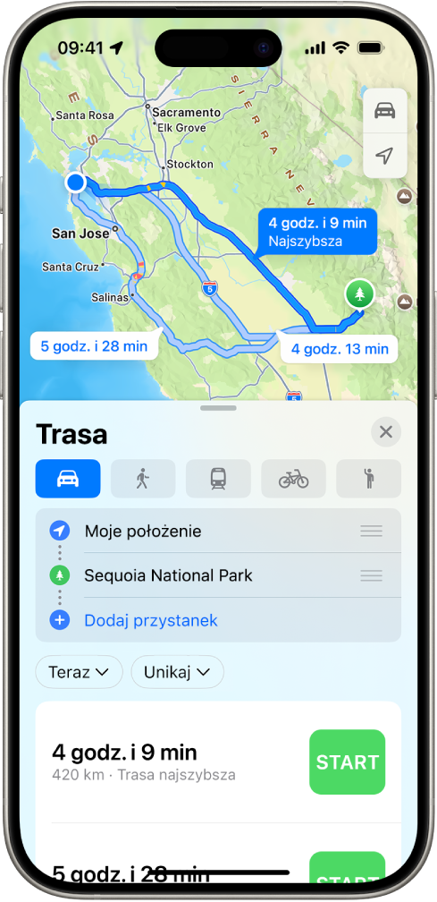 iPhone wyświetlający mapę z kilkoma trasami przejazdu samochodem w to samo miejsce docelowe. Każda trasa zawiera szacowany czas dojazdu, dystans oraz przycisk Start umożliwiający uruchomienie wskazówek „krok po kroku”. Kolory na każdej trasie informują o warunkach drogowych.