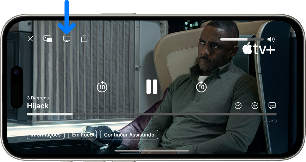 Filme sendo reproduzido na tela do iPhone. No meio da tela, os controles de reprodução. O botão AirPlay está perto da parte superior esquerda.