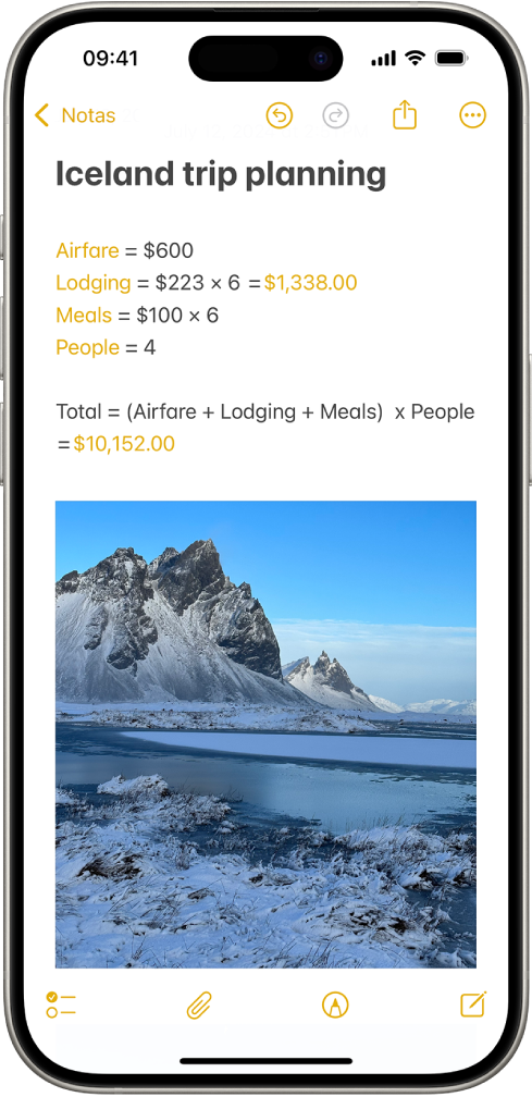Nota para planejar uma viagem, com um cálculo das despesas da viagem e uma foto.