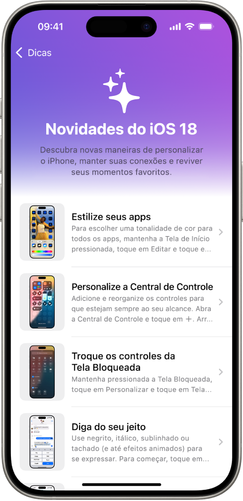 Uma tela mostrando coleções de dicas com setas indicando que você pode tocar em uma coleção para visualizar as dicas contidas.