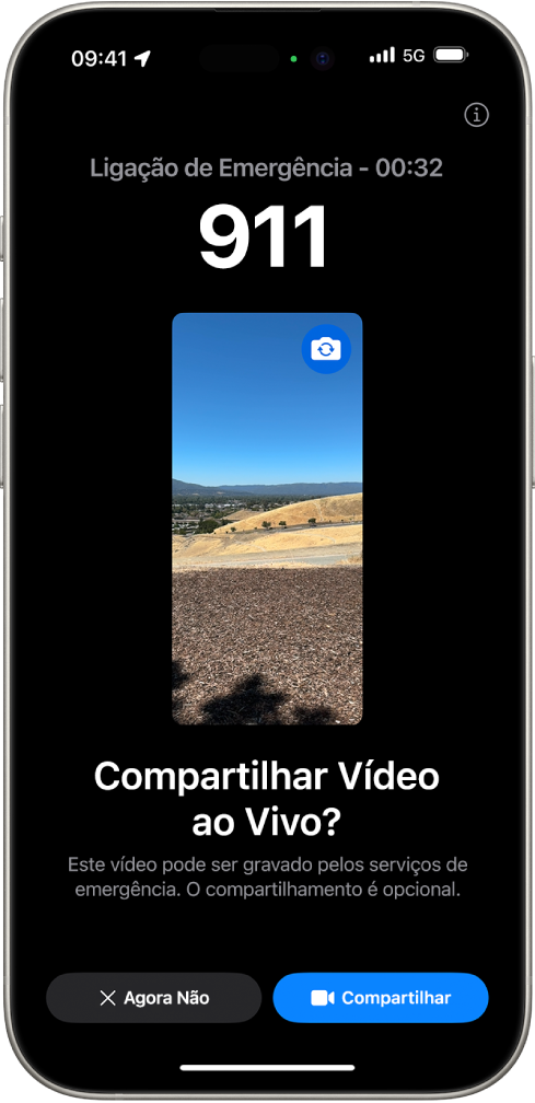 Uma tela do Vídeo ao Vivo do SOS de Emergência mostrando uma ligação de emergência para 911 com uma pré-visualização de vídeo no meio. Na parte inferior estão os botões Agora Não e Compartilhar Vídeo.
