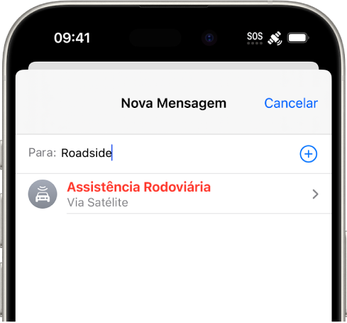 Uma nova mensagem endereçada para “rodoviária”. Abaixo disso, um link para a Assistência Rodoviária via satélite.
