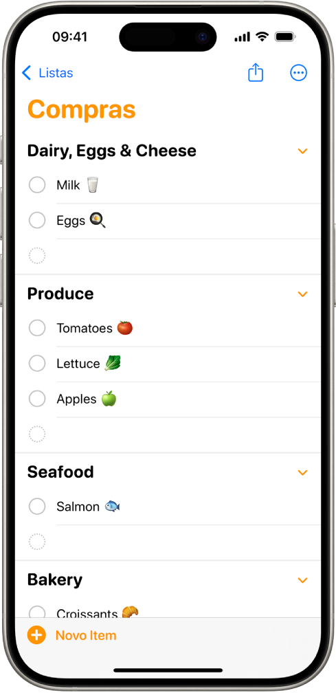 App Lembretes, mostrando uma lista de compras com itens em categorias, como Legumes e Frutos do Mar.