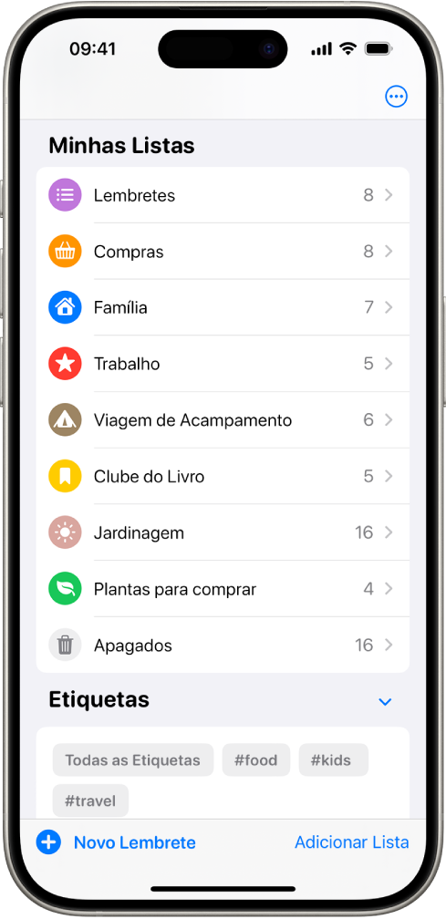 App Lembretes, mostrando várias listas e o Navegador de Etiquetas na parte inferior.