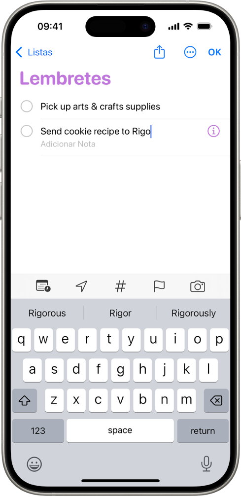 App Lembretes, mostrando uma nova tarefa sendo adicionada à lista Lembretes.
