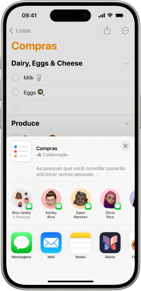 App Lembretes, mostrando uma lista de compras com opções de compartilhamento na parte inferior.