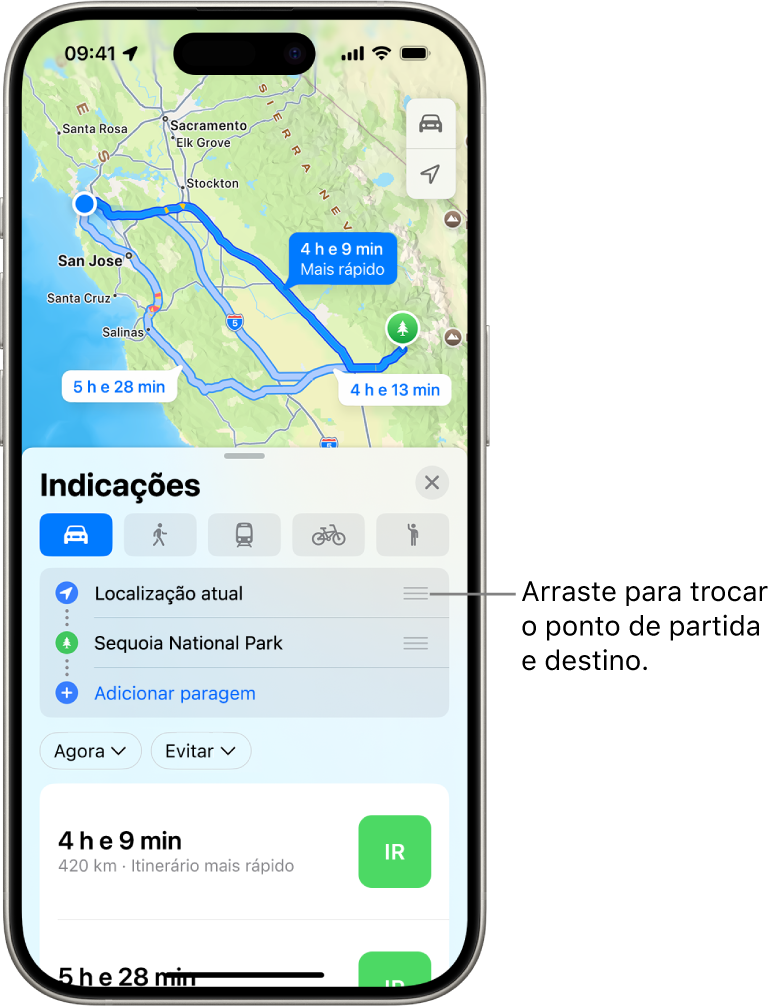 Uma mapa com vários itinerários possíveis para indicações de carro entre “A minha localização” e um destino.