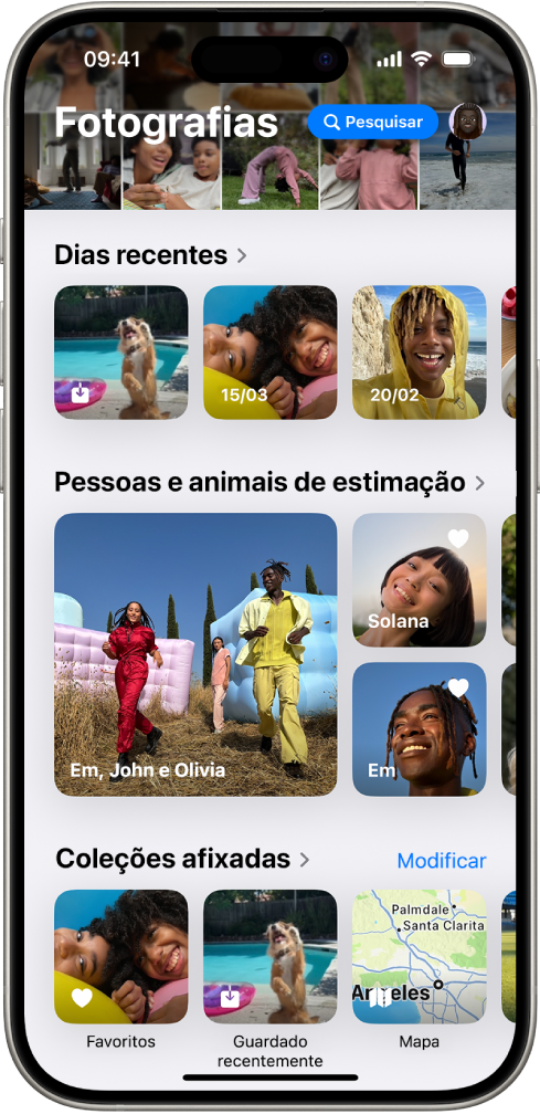 A aplicação Fotografias está aberta. A parte superior do ecrã mostra a fototeca numa grelha. Por baixo estão “Dias recentes”, “Pessoas e animais de estimação” e “Coleções afixadas”.
