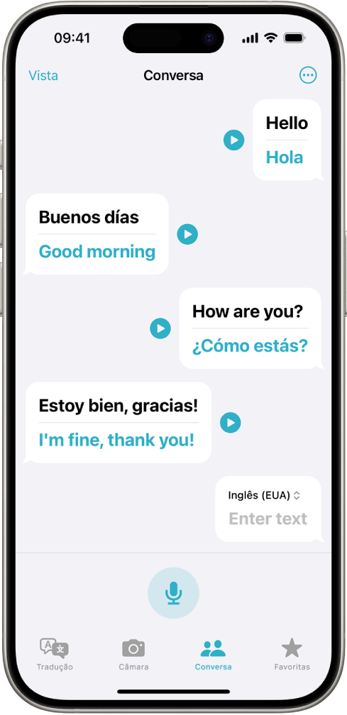 O separador “Conversa” a mostrar balões de fala e as respetivas traduções.