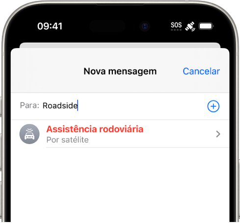 Uma mensagem nova endereçada para “assistência”. Por baixo está uma hiperligação para a assistência rodoviária por satélite.