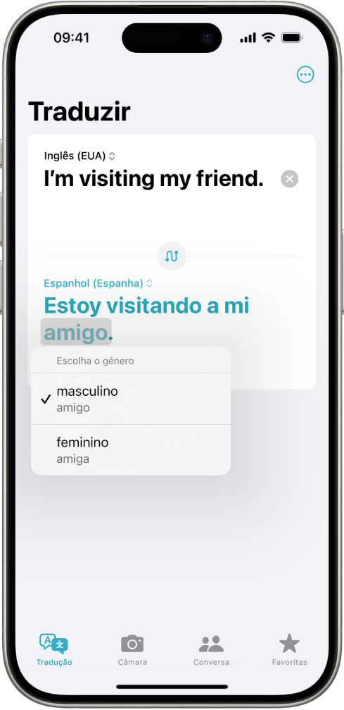 O separador Tradução com uma frase traduzida de inglês para espanhol e uma palavra realçada a cinzento com diferentes variações de género listadas por baixo.
