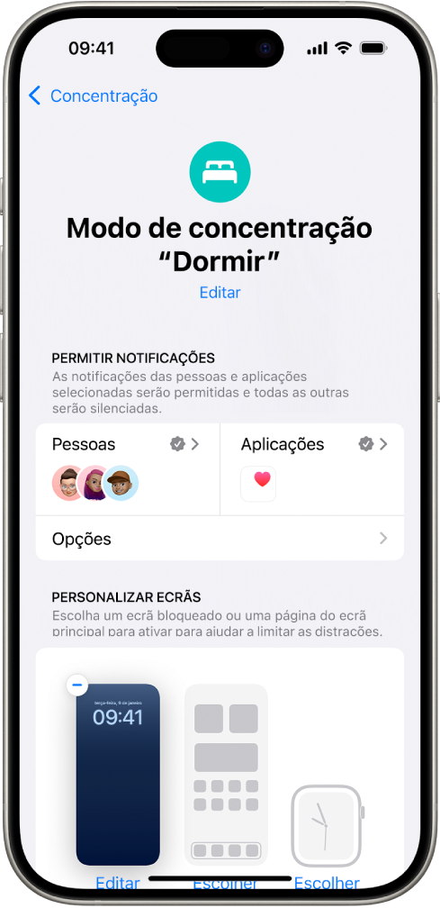 O ecrã Modo de concentração Dormir mostrar que é permitido a três pessoas e uma aplicação enviarem notificações.
