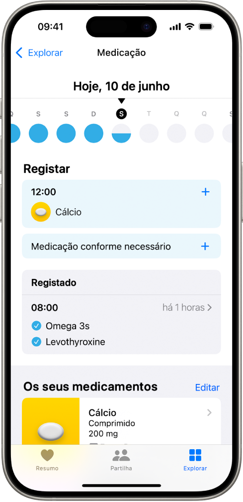 O ecrã Medicamentos na aplicação Saúde mostra a data e um registo dos medicamentos.