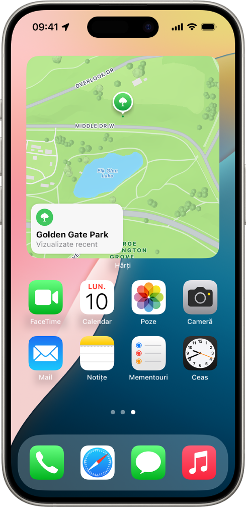 Widgetul Hărți, alte widgeturi și pictograme de aplicații pe ecranul principal al unui iPhone.