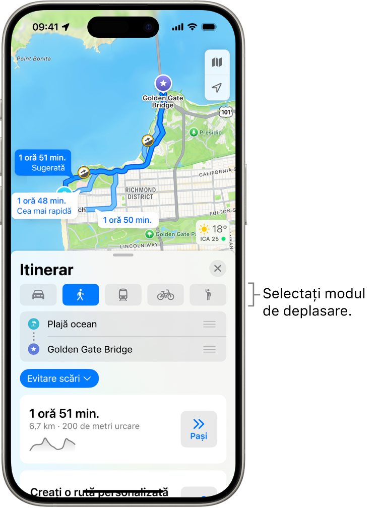 O hartă afișând mai multe opțiuni de rute auto între două locuri, cu butoane pentru alegerea altor moduri de deplasare, comutarea punctului de plecare și de destinație și vizualizarea itinerarului sub formă de pași.