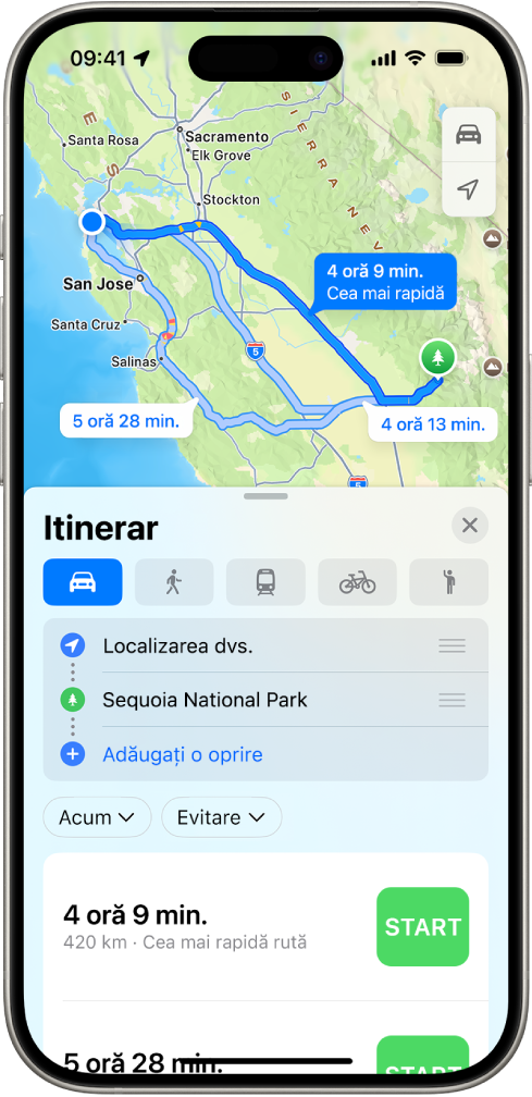 Un iPhone afișând o hartă cu mai multe opțiuni de rute auto către aceeași destinație. Fiecare rută afișează timpul și distanța estimată, precum și un buton Start pentru a începe indicațiilor pas cu pas. Codurile de culoare de pe fiecare rută indică condițiile de trafic.