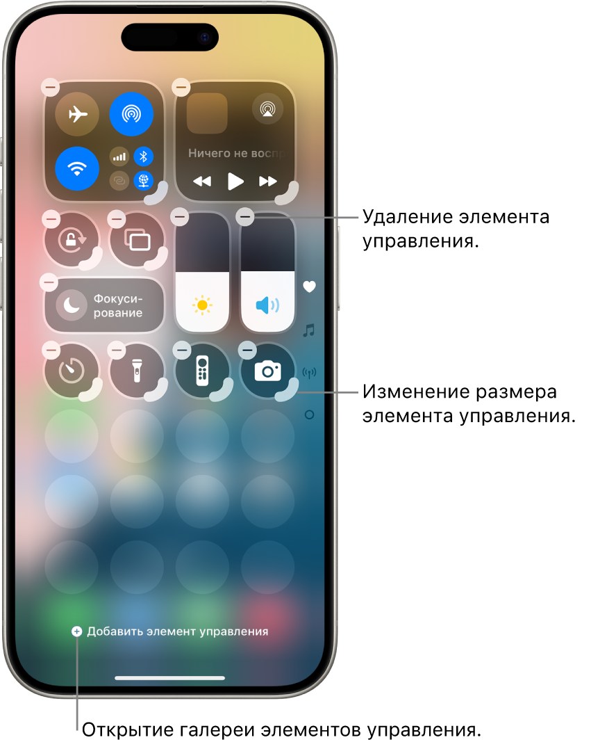 Пункт управления в режиме редактирования. Для каждого элемента управления отображается кнопка «Удалить» и возможность изменить размер.