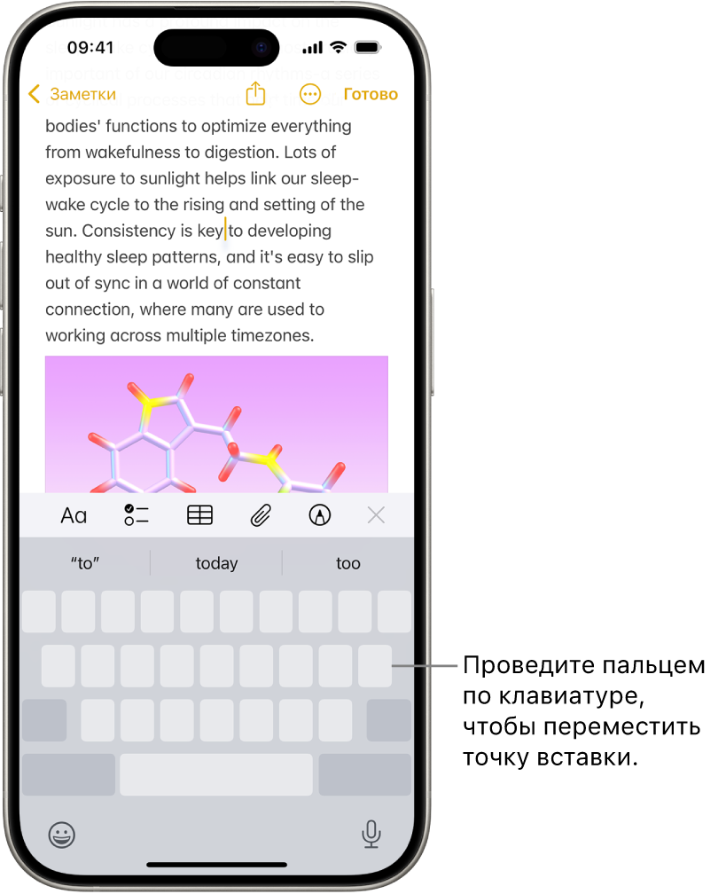 В приложении «Заметки» открыт документ. Экранная клавиатура в нижней части экрана используется в режиме трекпада.