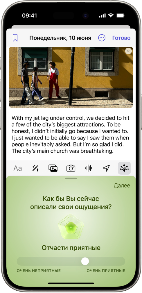 Запись дневника с выбранным элементом в нижней части экрана, где можно записывать свое настроение.