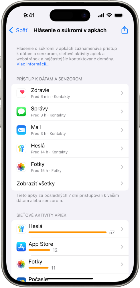 Hlásenie o súkromí v apkách s informáciami o apkách v kategórii Prístup k dátam a senzorom a o apkách v kategórii Sieťové aktivity apky.