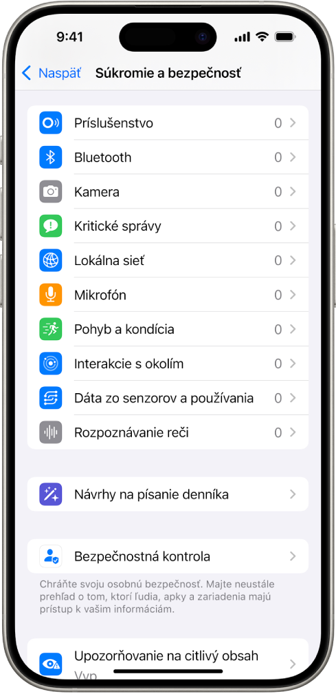 Obrazovka Súkromie a bezpečnosť s nastaveniami na ovládanie, ktoré apky môžu používať kameru, mikrofón a ďalšie časti iPhonu.