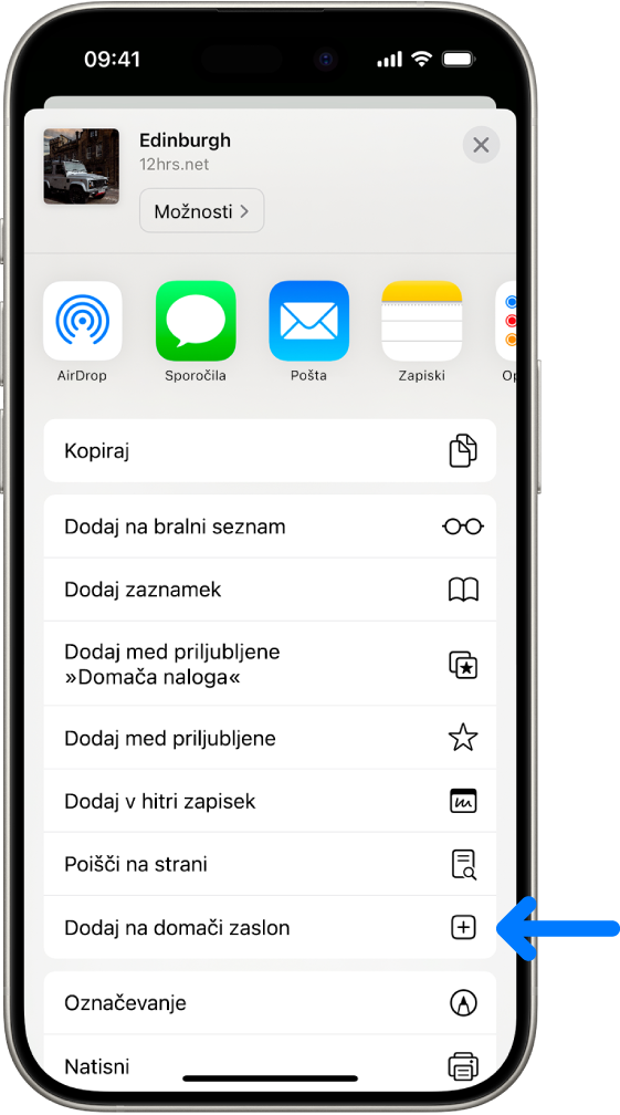 V brskalniku Safari na spletnem mestu, ki je bila tapnjena, je odprt gumb Deljenje, ki prikazuje seznam možnosti, vključno z Dodaj na domači zaslon.