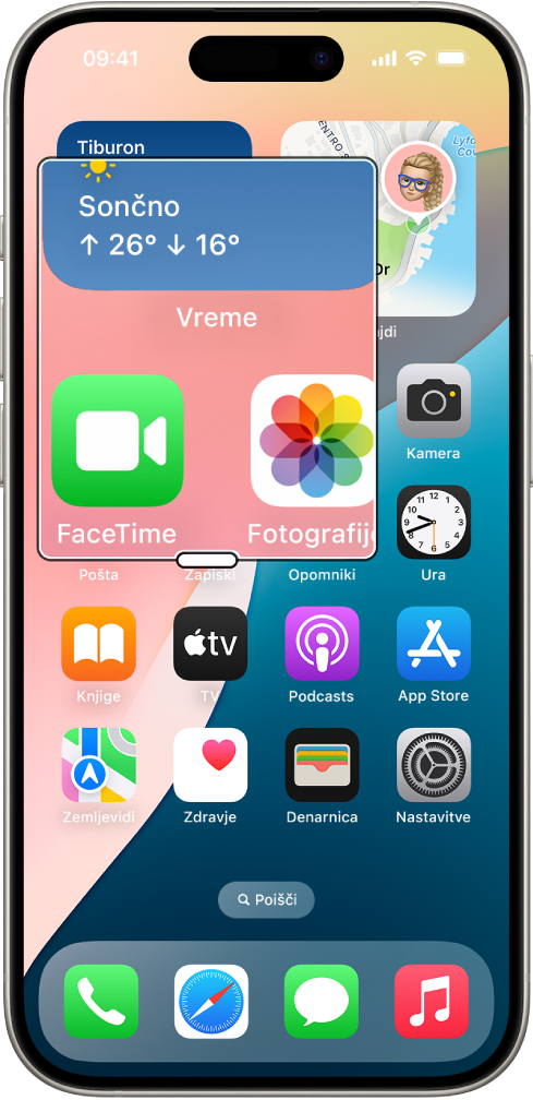 iPhone, ki prikazuje domači zaslon z oknom, povečanim na delu zaslona.