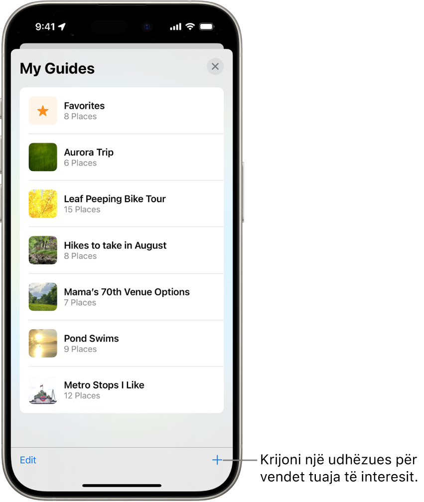 Një listë me disa udhëzues të personalizuar në Maps, duke përfshirë një kategori të Favorites dhe butonin New Guide në fund djathtas.