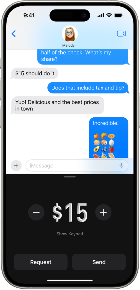 iMessage преписка са апликацијом Apple Pay отвореном при дну.