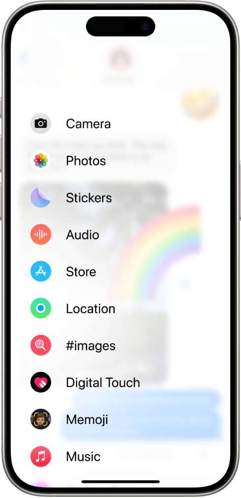 Када тапнете на дугме Apps у преписци у апликацији Messages, појављује се листа функција које можете да додате у поруку.