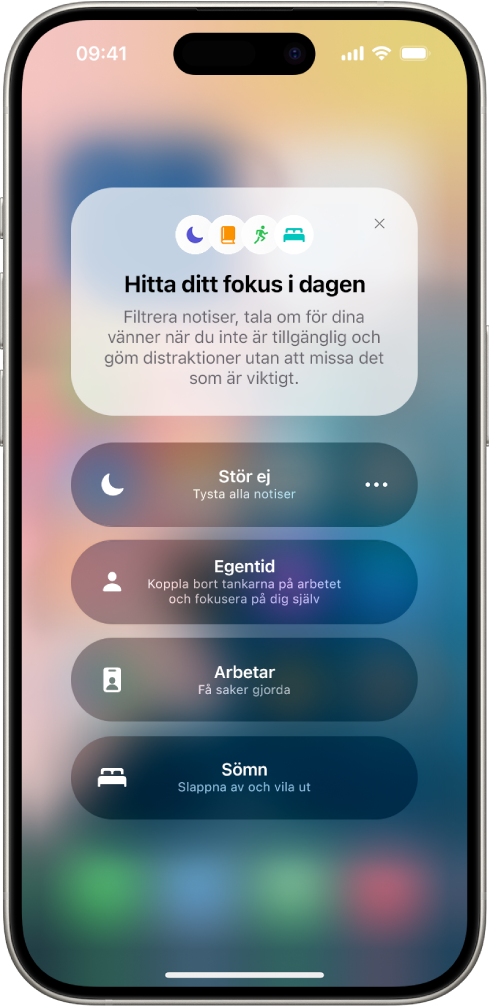 Kontrollcenter med fokusalternativ och knappar för att ställa in längden på fokusalternativen.