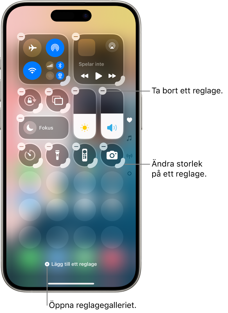 Kontrollcenter som ändras med en Ta bort-knapp och handtag för att ändra storlek på vardera reglage.