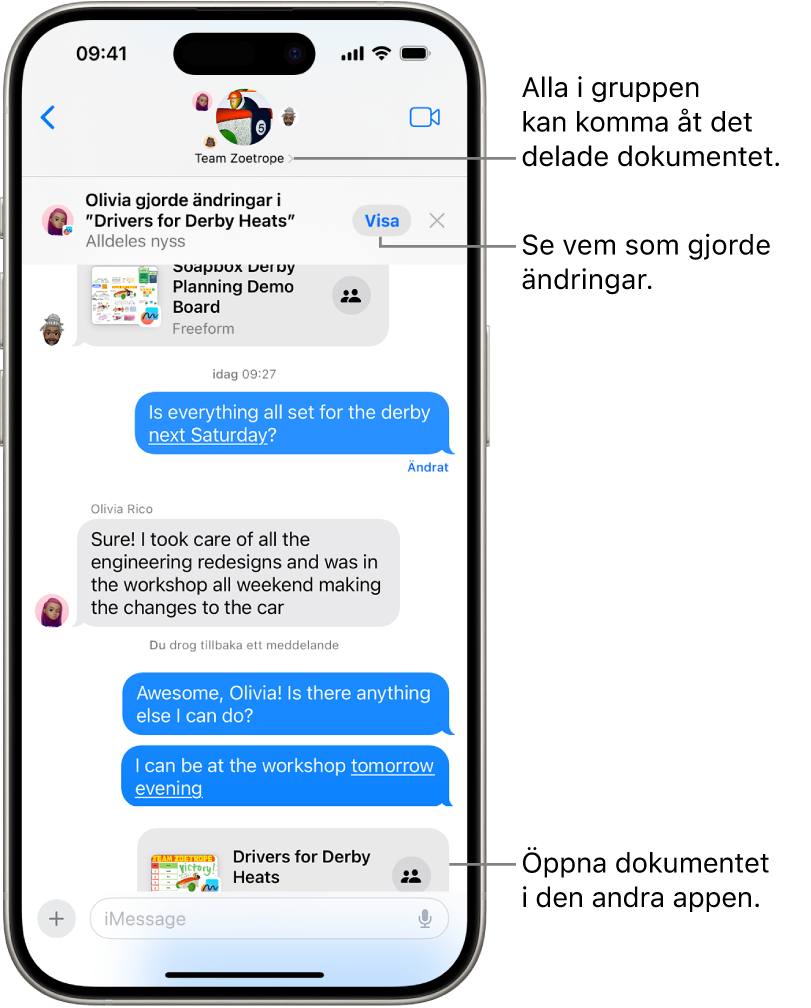 En gruppkonversation i Meddelanden, inklusive en samarbetsinbjudan och uppdateringar högst upp i konversationsfönstret.