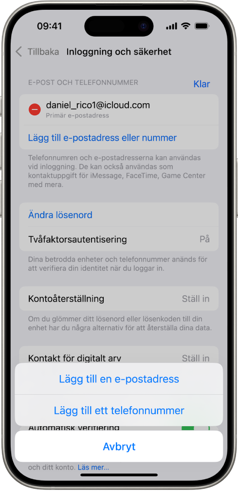 Skärmen Inloggning och säkerhet i Inställningar.