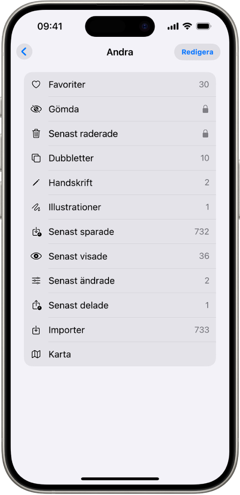 I appen Bilder är samlingen Andra öppen, och en lista över samlingar med bilder visas.