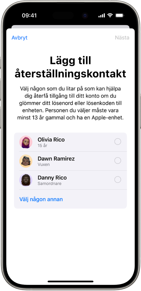 Skärmen Lägg till återställningskontakt.