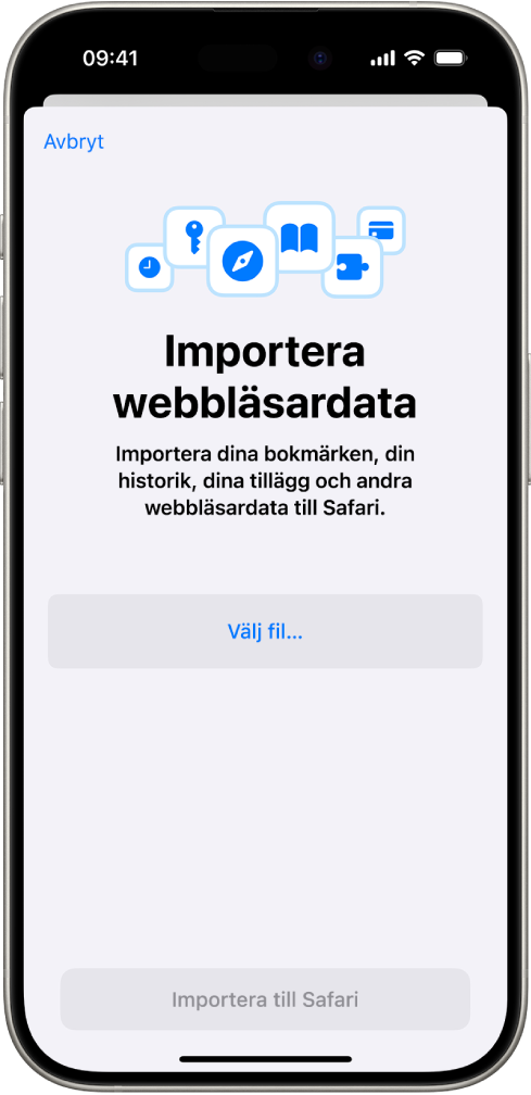 Skärmen Importera webbläsardata visar data från en annan webbläsare som ska importeras till Safari.