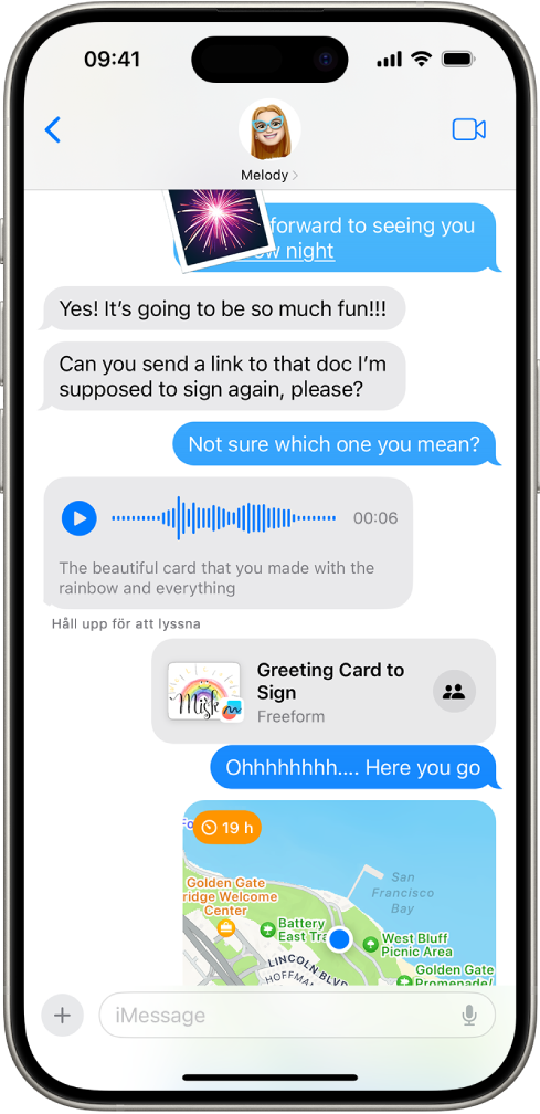En konversation i Meddelanden visar iMessage-funktioner.
