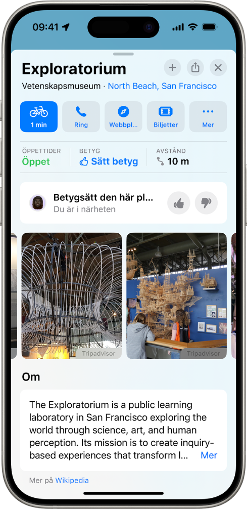 Platskortet för ett museum med dess öppningstider, betyg, en beskrivning, bilder och knappar för att ringa det, besöka dess webbplats eller köpa biljetter.