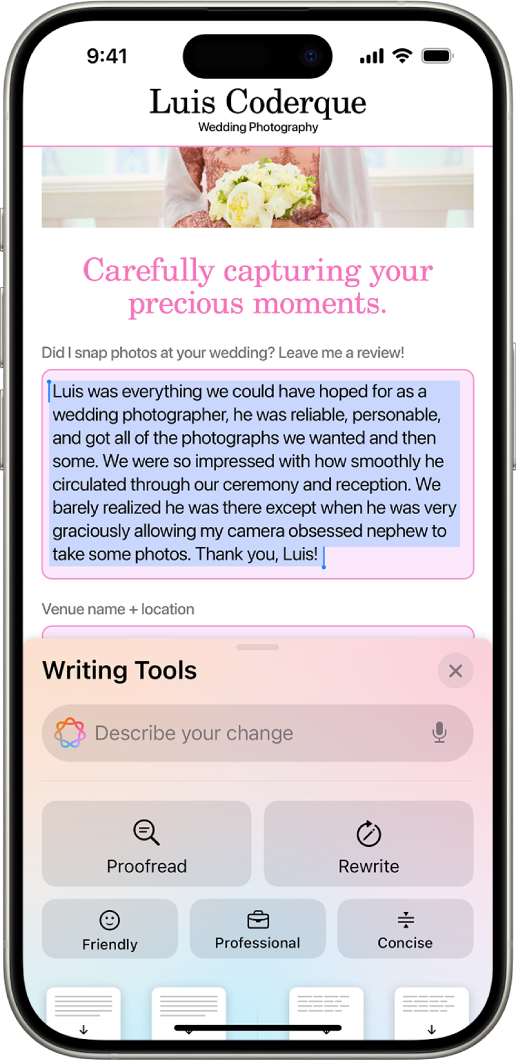 ஒரு iPhone திரையின் மேல்பகுதியில் ஹைலைட் செய்யப்பட்ட உரையும், கீழ்ப்பகுதியில் “எழுதுதல் கருவிகள்” பேனலும் காட்டப்பட்டுள்ளன. “எழுதுதல் கருவிகள்” பேனல், மேலே நீங்கள் விரும்பும் மாற்றத்தை விவரிக்கும் இடத்தில் ஒரு புலத்தைக் காட்டும். எழுதும் கருவிகள் விருப்பங்கள் கீழே காட்டப்பட்டுள்ளன.