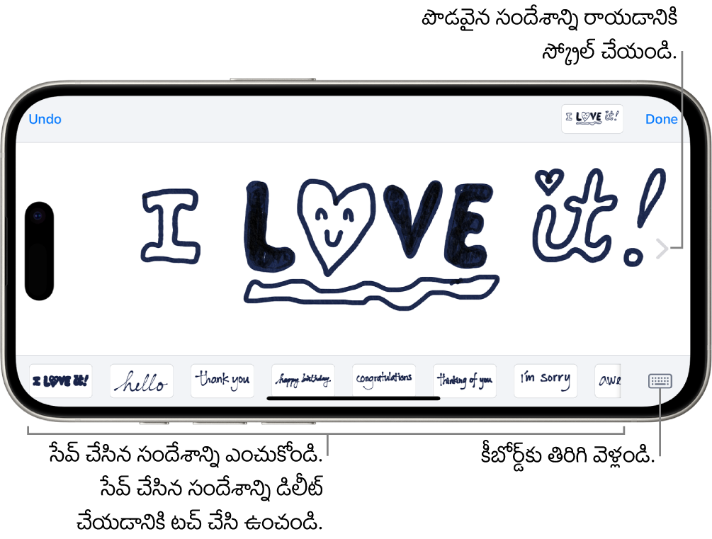 చేతితో రాసిన సందేశాన్ని కంపోజ్ చేయడానికి కాన్వాస్. దిగువన, ఎడమ నుండి కుడికి, సేవ్ చేయబడిన చేతిరాత ఐటెమ్‌లు, కీబోర్డ్ బటన్.