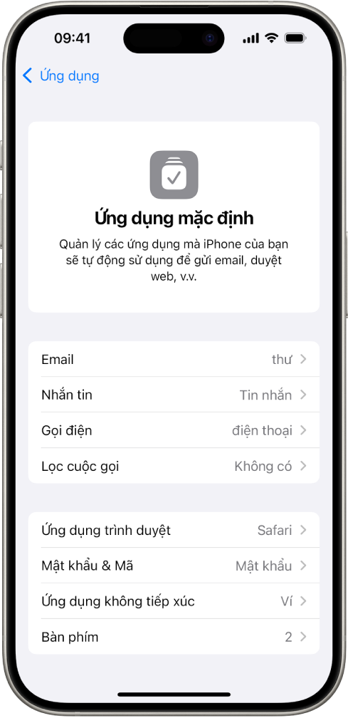 Màn hình để thay đổi ứng dụng mặc định cho việc gửi email, duyệt web, v.v.