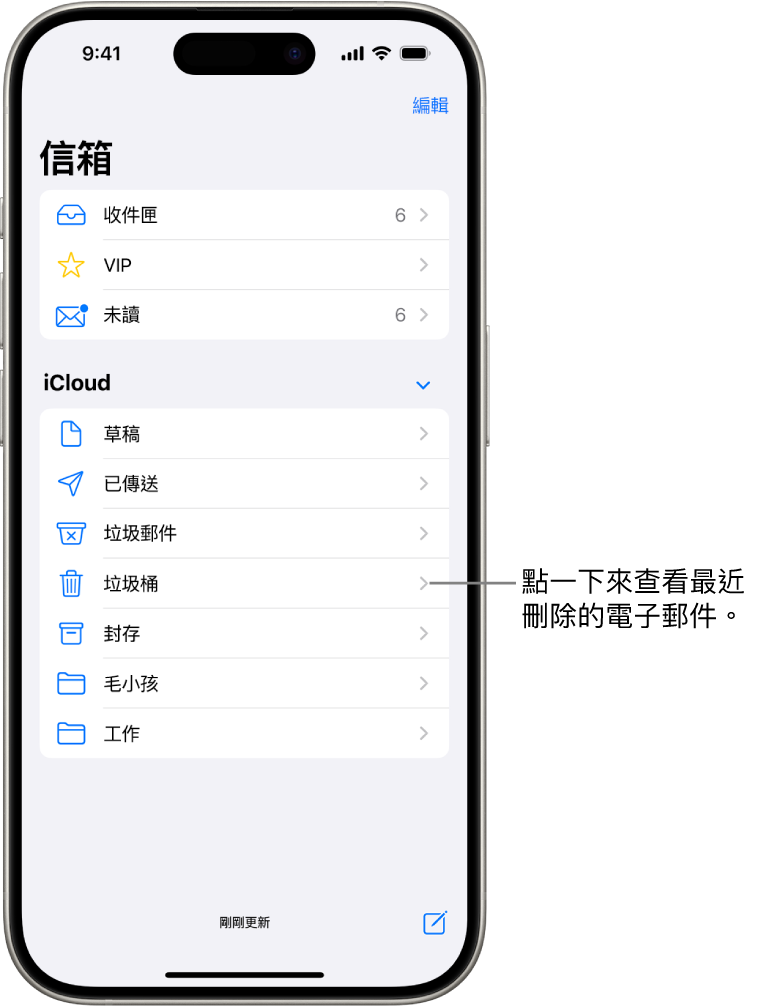 「信箱」畫面。在 iCloud 下方,信箱由上至下列出,包含「垃圾桶」信箱。點一下來查看最近刪除的郵件。